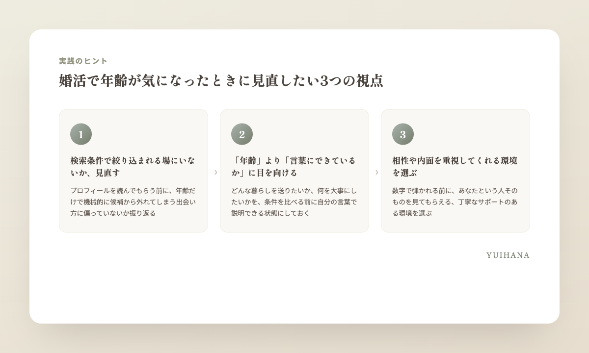 婚活で年齢が気になったときに見直したい3つの視点：検索条件で絞り込まれる場にいないか／年齢より言葉にできているかに目を向ける／相性や内面を重視する環境を選ぶ